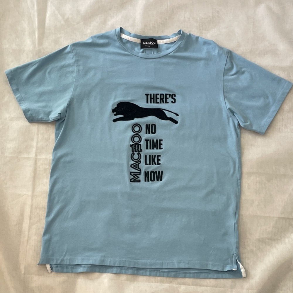 Mens Sky Blue Graphic Short Sleeve Tee “There’s No Time Like Now” Large